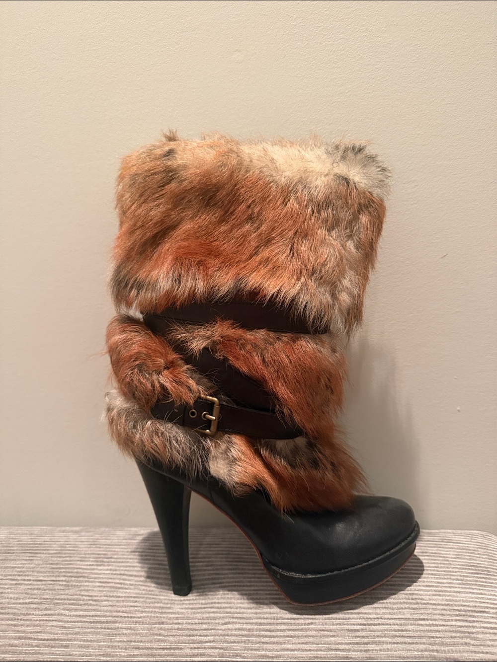 UGG Black Platform Ankle Boot with Brown Multi-Tone Faux Fur